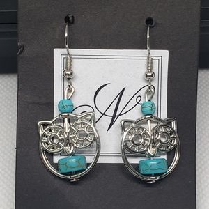 Metal Owl & Turquoise Stone Bead Earrings